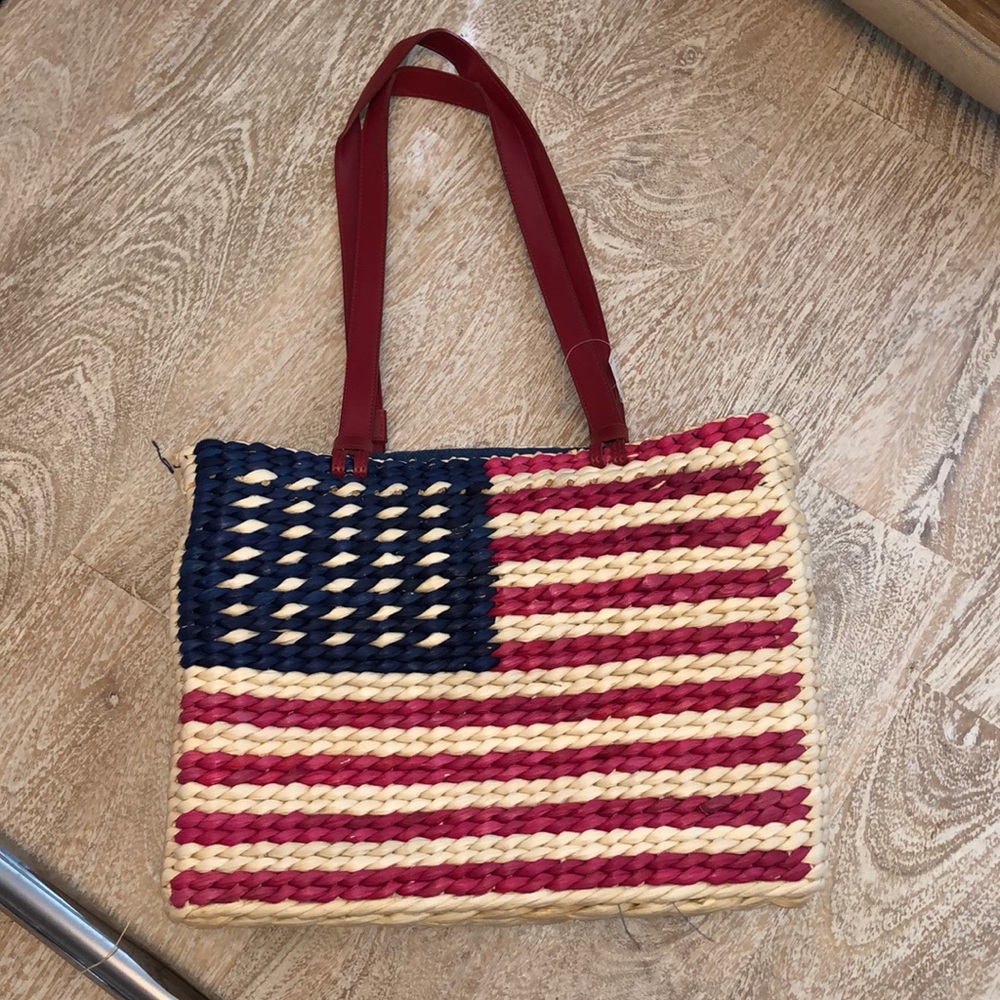 Vintage American flag straw purse USA Red blue